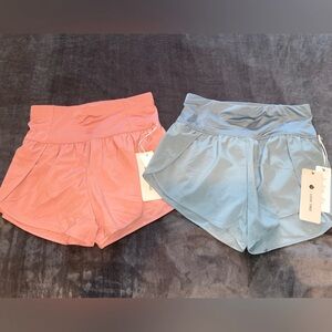 Love Tree Line Active Running Shorts 2 pairs Rose Pink and Verdigris blue.